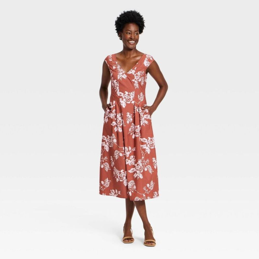 a new day Rust-Red Floral V-Neck Midi Dress